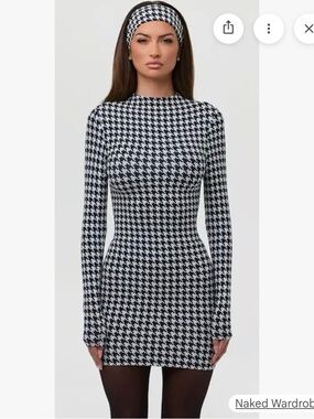 Houndstooth Long-Sleeve Bodycon Dress - Black & White